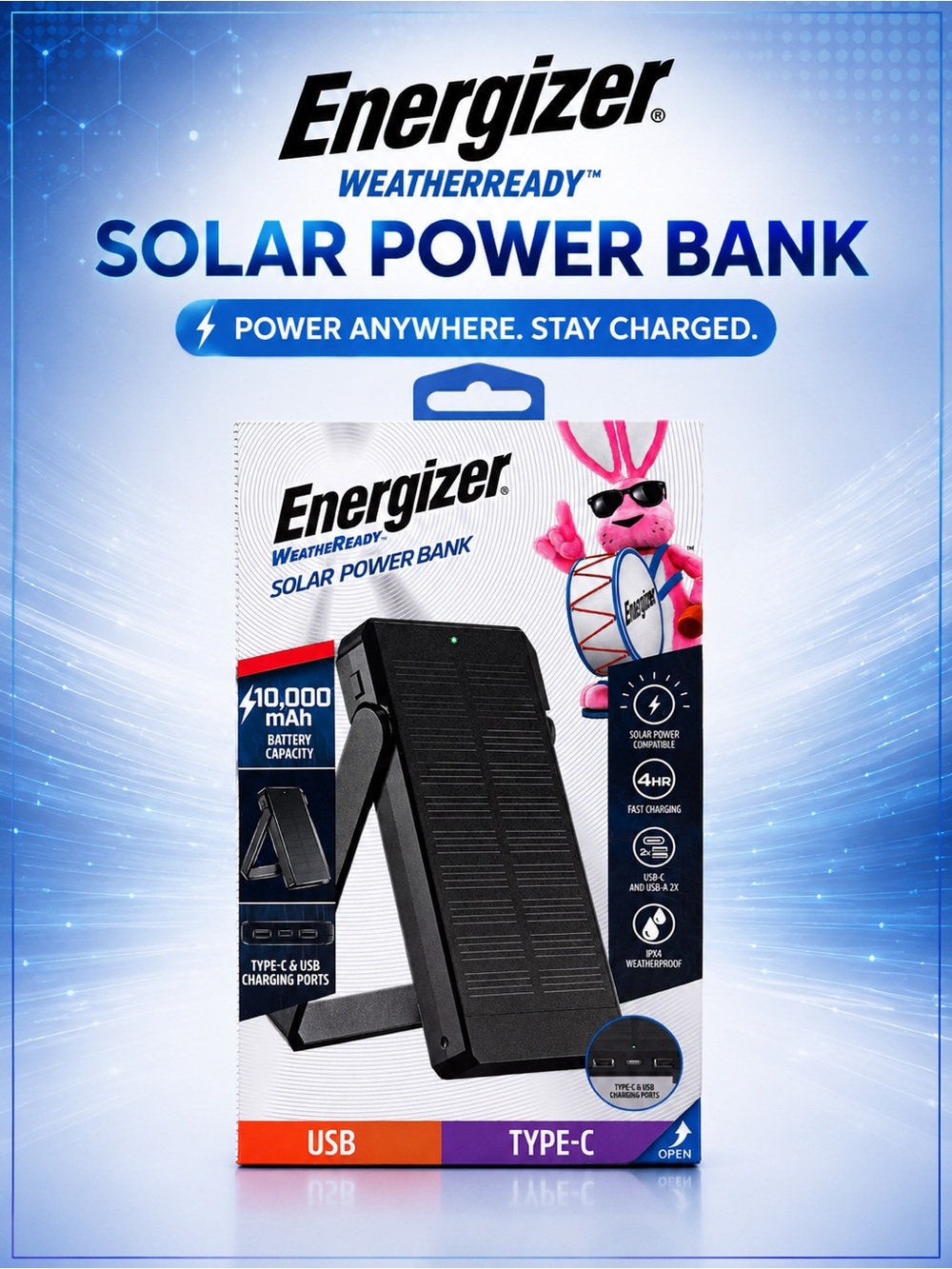 Energizer Black WeatherReady Solar Power Bank - 10,000mAh, USB & Type-C